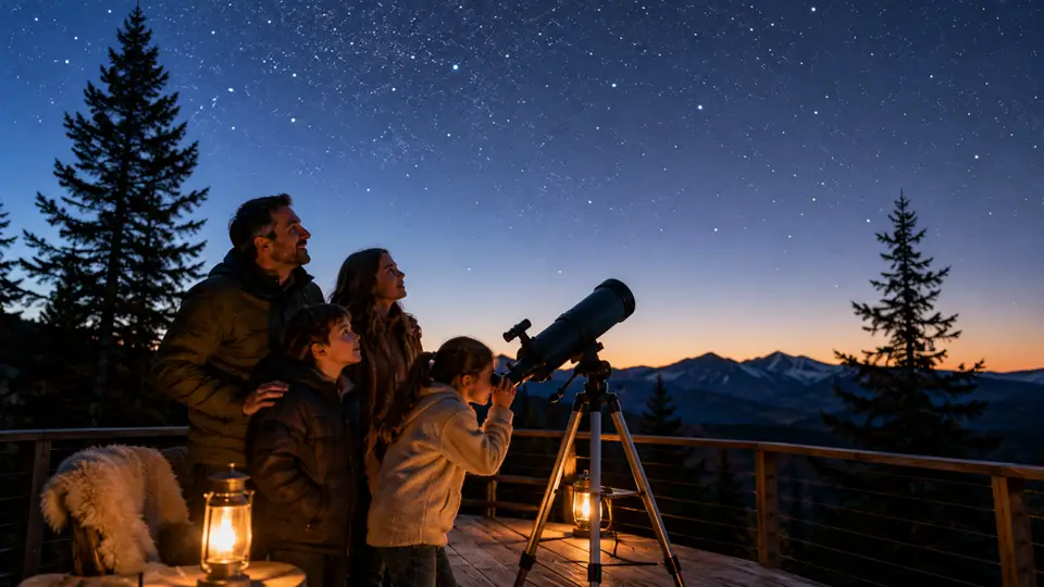 Family stargazing under a clear night sky